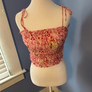 H&M Pink Floral Smocked Crop Top with Tie Straps